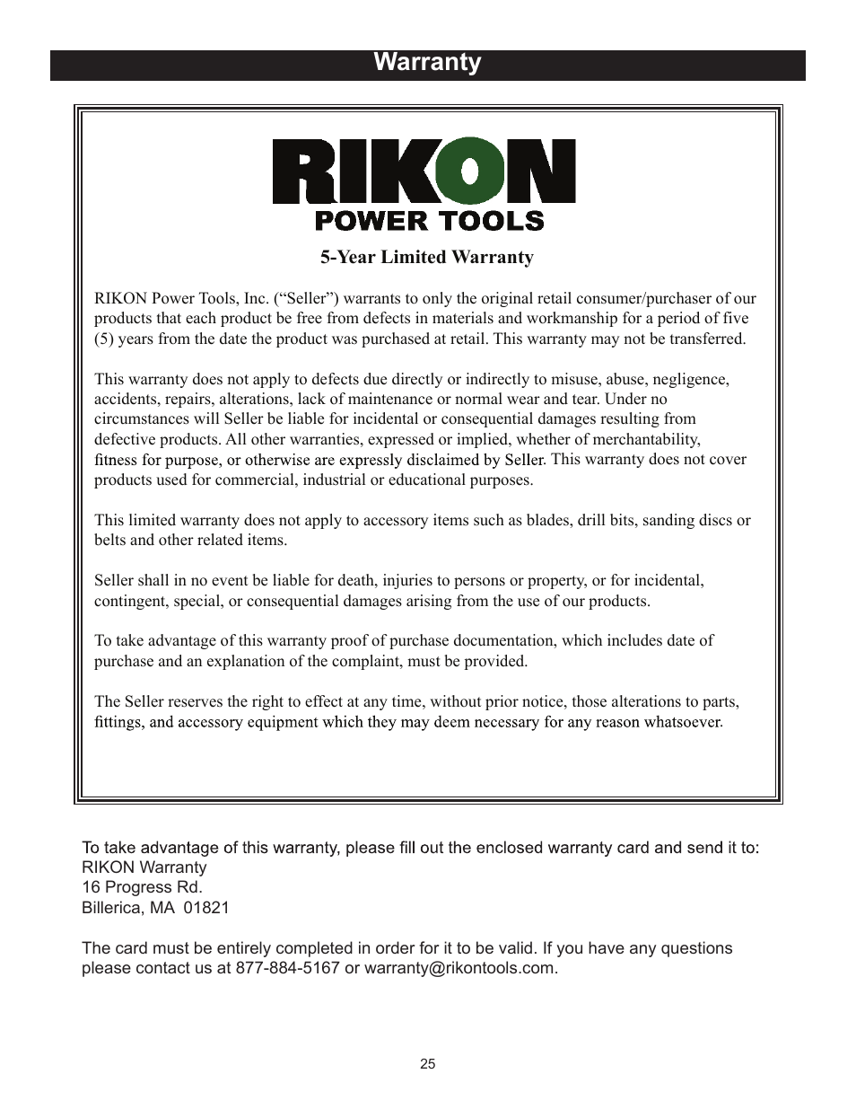Warranty | RIKON Power Tools 25-010 User Manual | Page 25 / 26