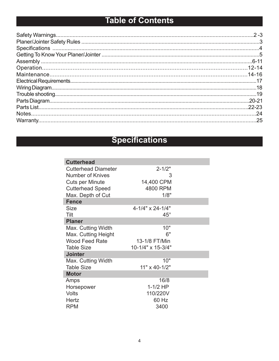 Specifications table of contents | RIKON Power Tools 25-010 User Manual | Page 4 / 26