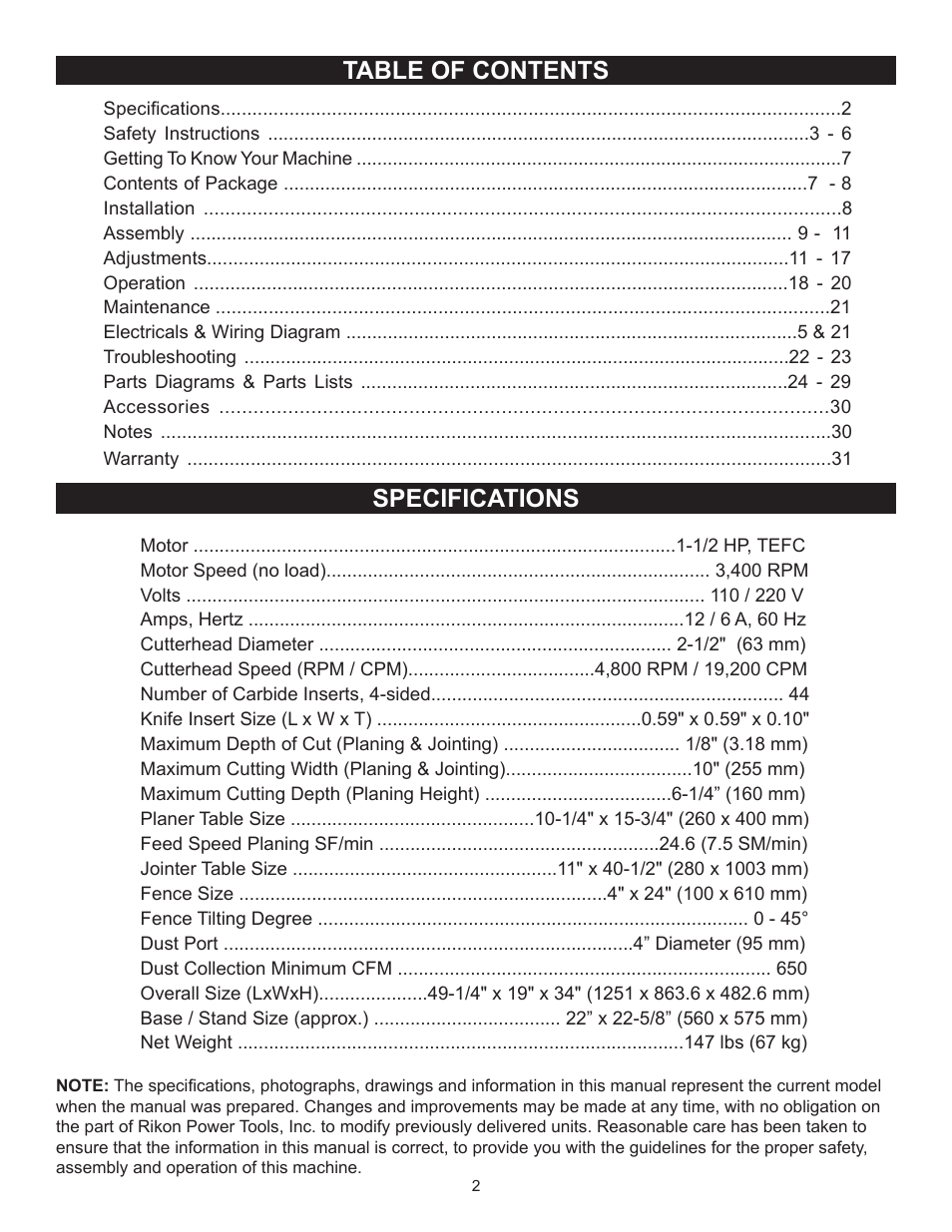 Table of contents specifications | RIKON Power Tools 25-010H User Manual | Page 2 / 32