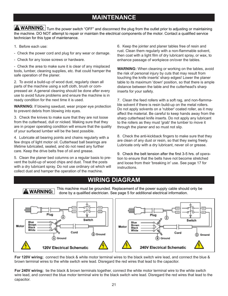 Wiring diagram, Maintenance | RIKON Power Tools 25-010H User Manual | Page 21 / 32