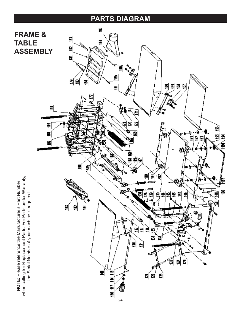 Parts diagram frame & table assembly | RIKON Power Tools 25-010H User Manual | Page 24 / 32