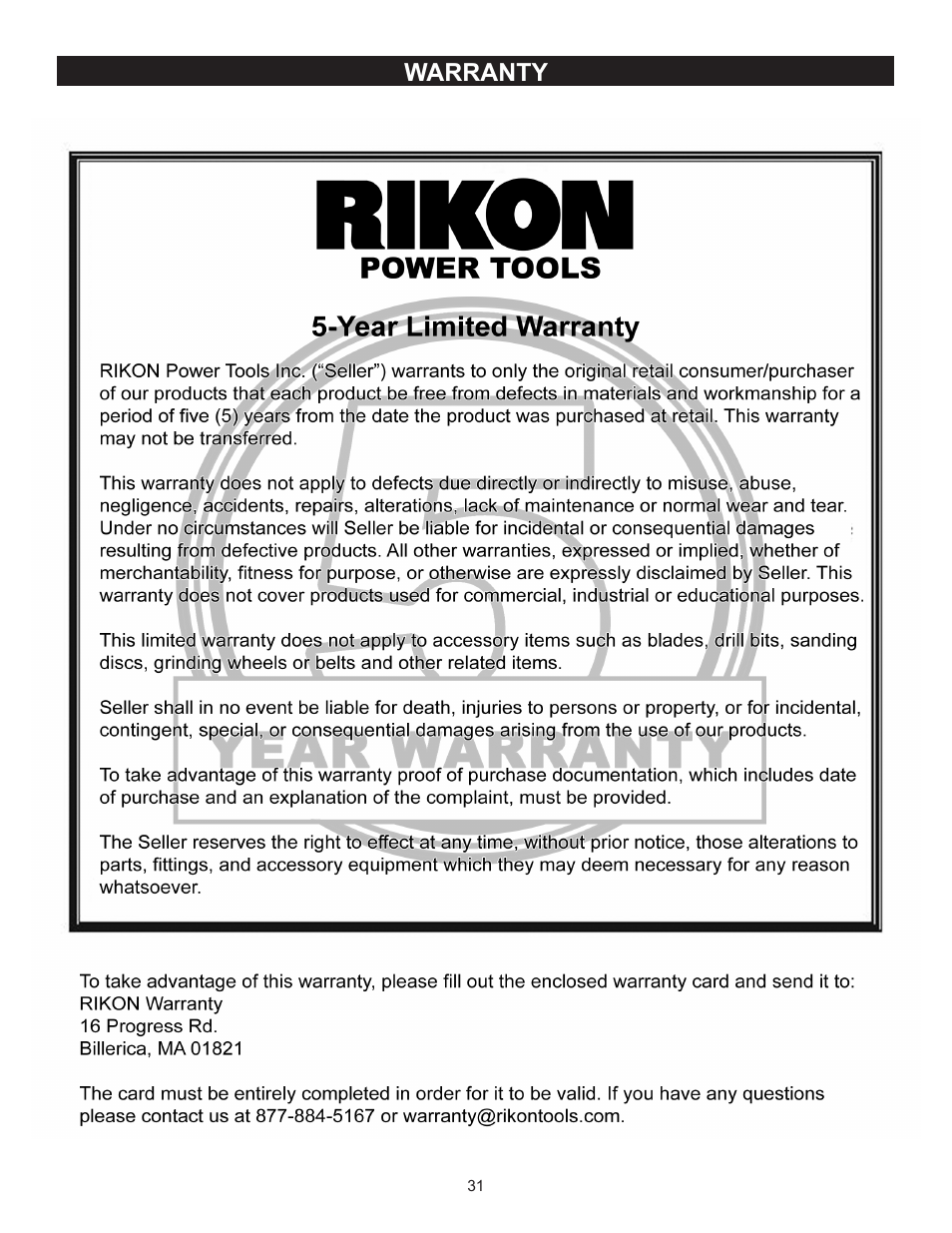 Warranty | RIKON Power Tools 25-010H User Manual | Page 31 / 32