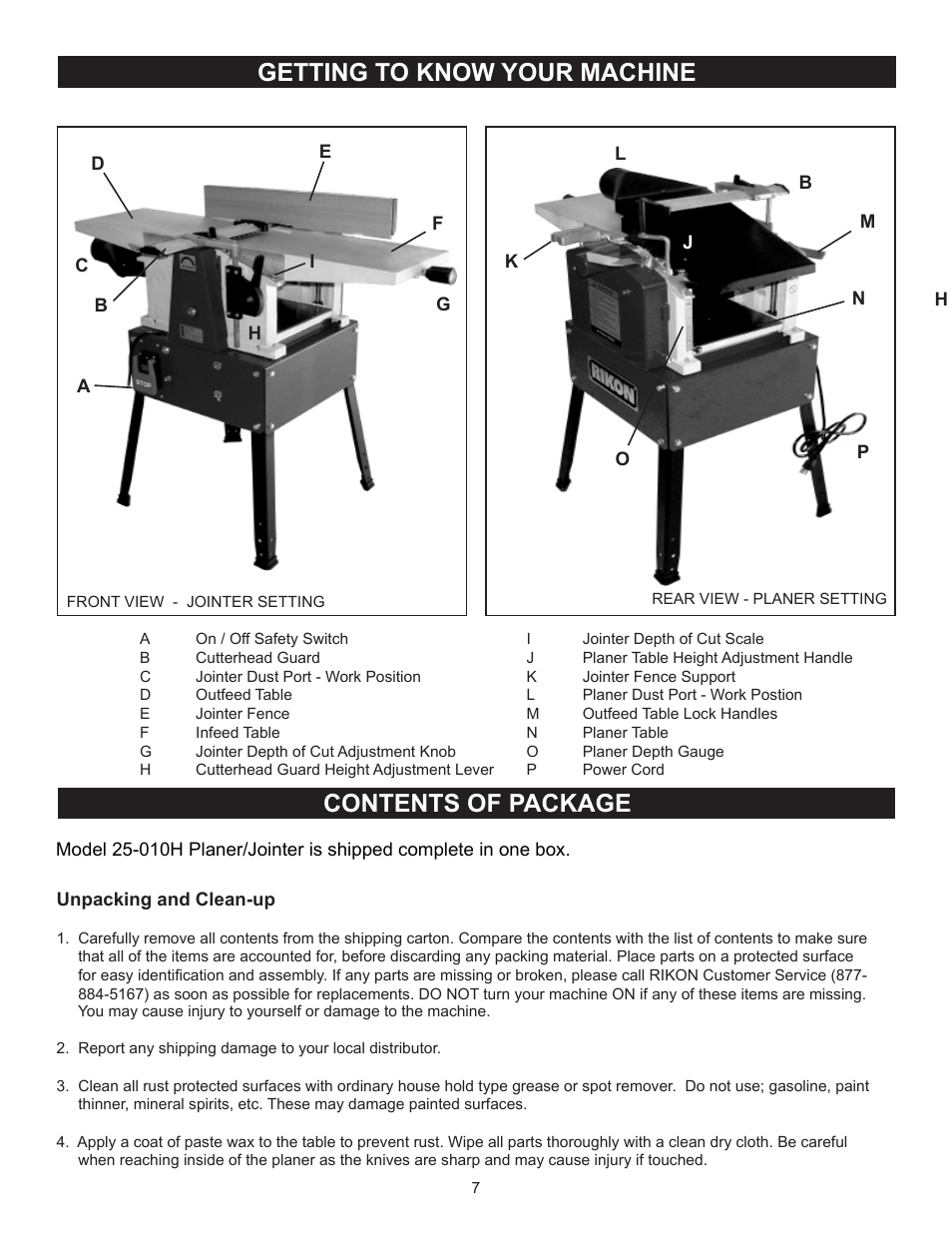 Getting to know your machine contents of package | RIKON Power Tools 25-010H User Manual | Page 7 / 32