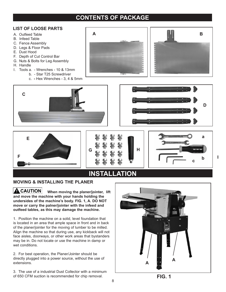 Installation, Contents of package, Fig. 1 | RIKON Power Tools 25-010H User Manual | Page 8 / 32