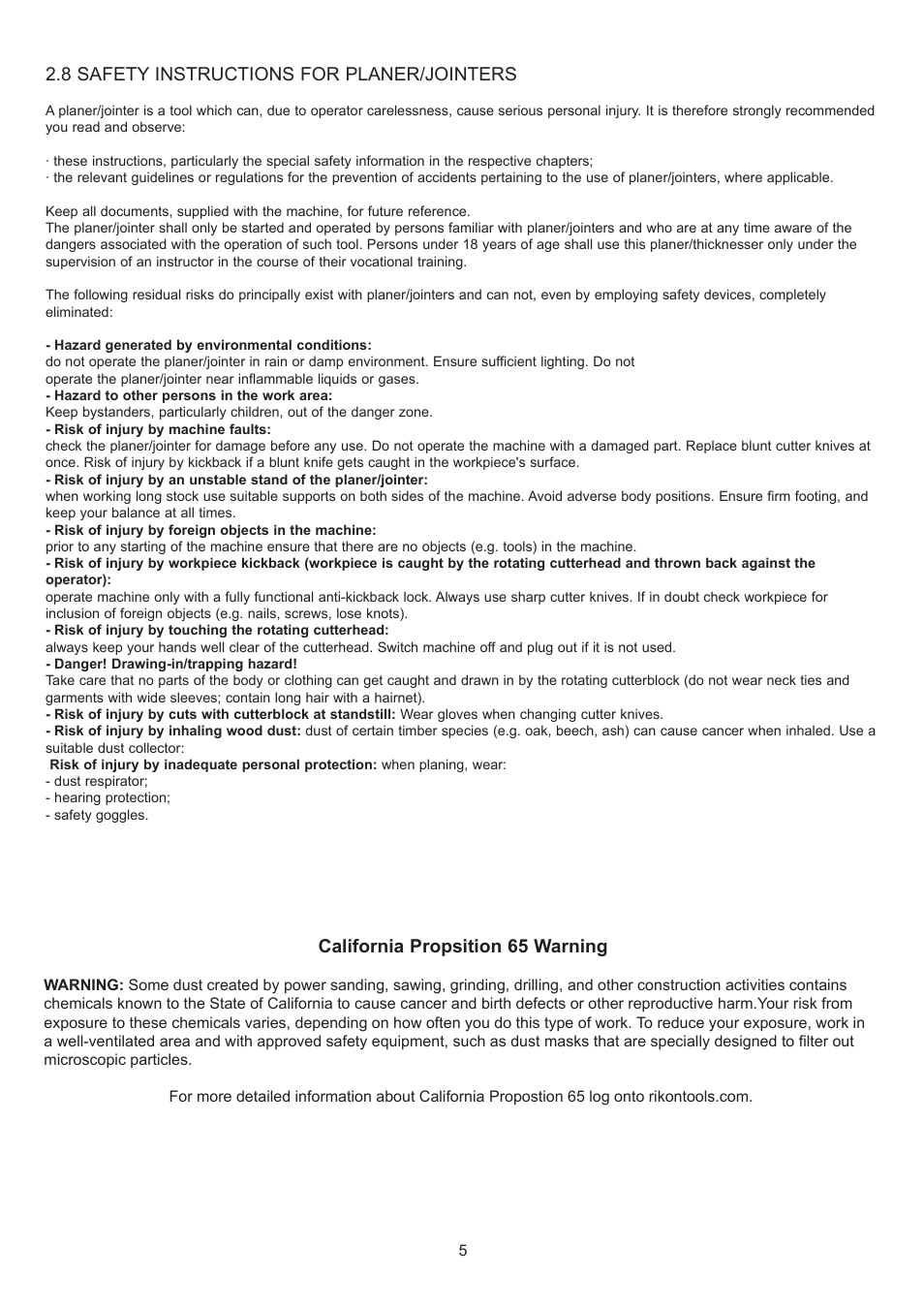 8 safety instructions for planer/jointers, California propsition 65 warning | RIKON Power Tools 25-200 User Manual | Page 5 / 26