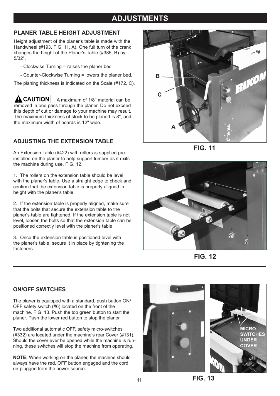 Adjustments, Fig. 11 fig. 12, Fig. 13 | RIKON Power Tools 25-200H User Manual | Page 11 / 36