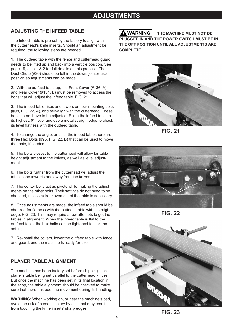 Adjustments, Fig. 21, Fig. 22 | Fig. 23 | RIKON Power Tools 25-200H User Manual | Page 14 / 36