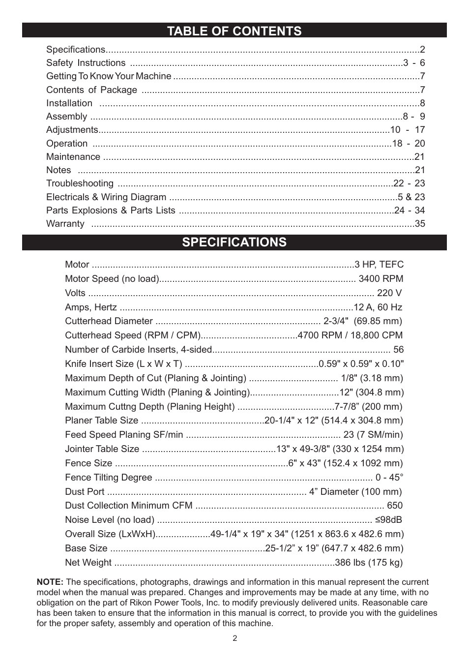 Table of contents specifications | RIKON Power Tools 25-200H User Manual | Page 2 / 36