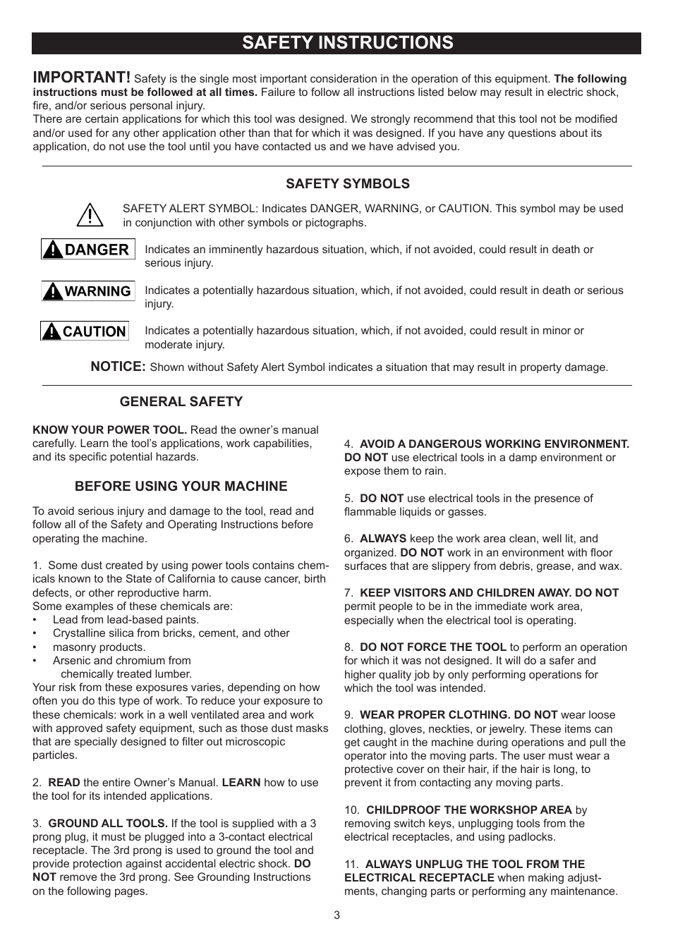 Safety instructions, Important | RIKON Power Tools 25-200H User Manual | Page 3 / 36