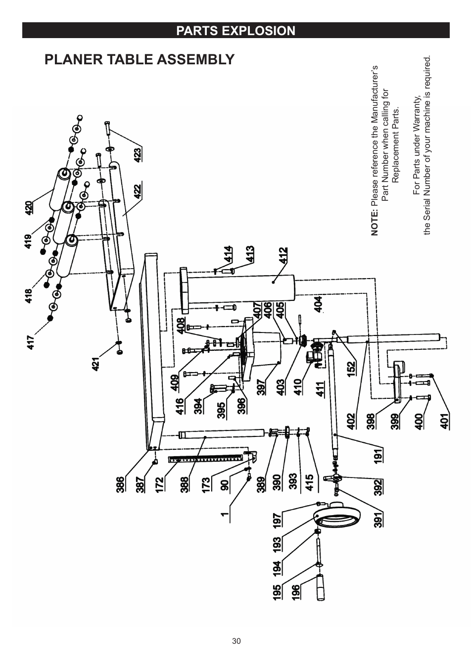 Planer table assembly, Parts explosion | RIKON Power Tools 25-200H User Manual | Page 30 / 36