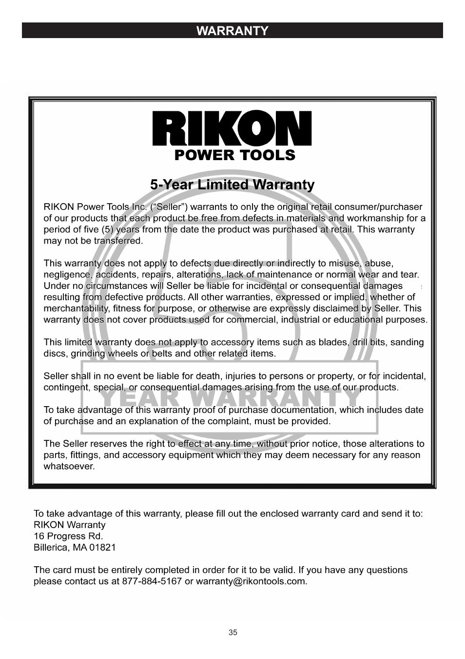Warranty | RIKON Power Tools 25-200H User Manual | Page 35 / 36