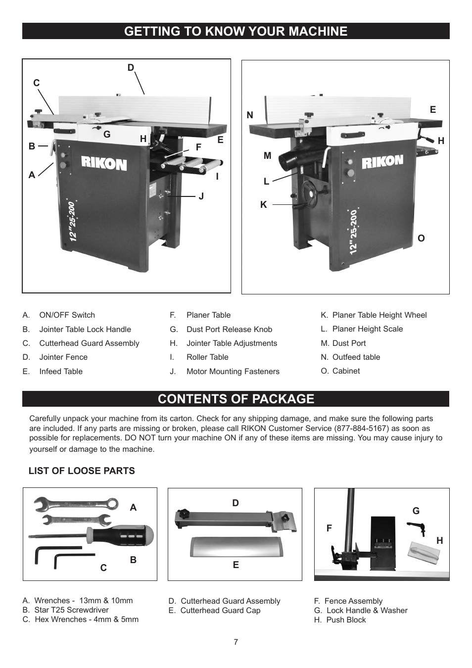 Getting to know your machine, Contents of package | RIKON Power Tools 25-200H User Manual | Page 7 / 36