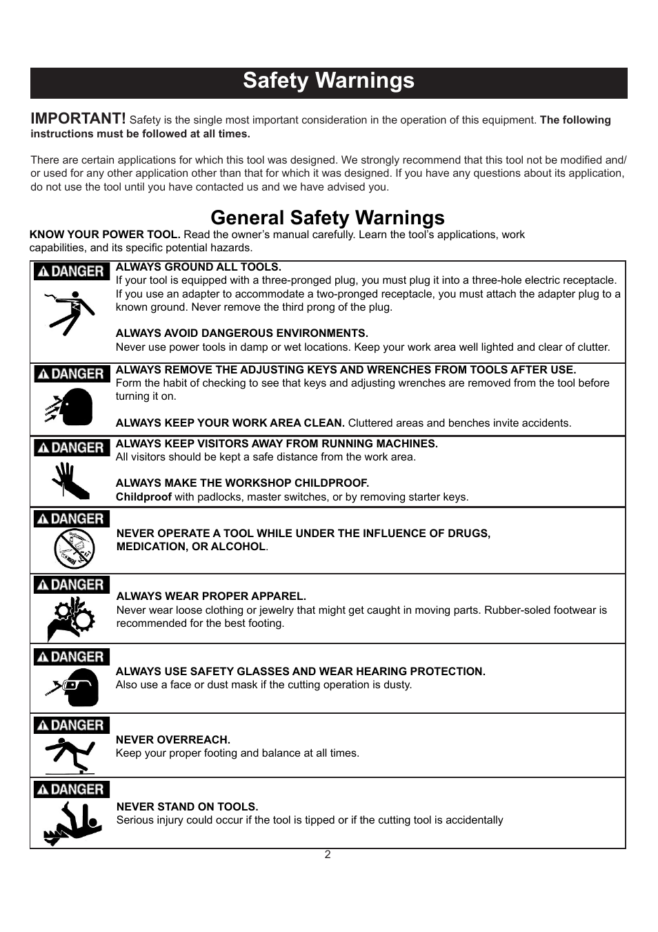 Safety warnings, General safety warnings, Important | RIKON Power Tools 30-100 User Manual | Page 2 / 24