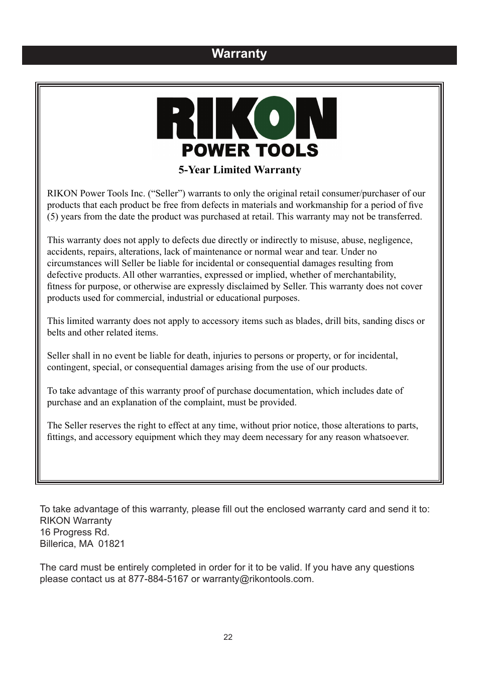 Warranty | RIKON Power Tools 30-100 User Manual | Page 22 / 24