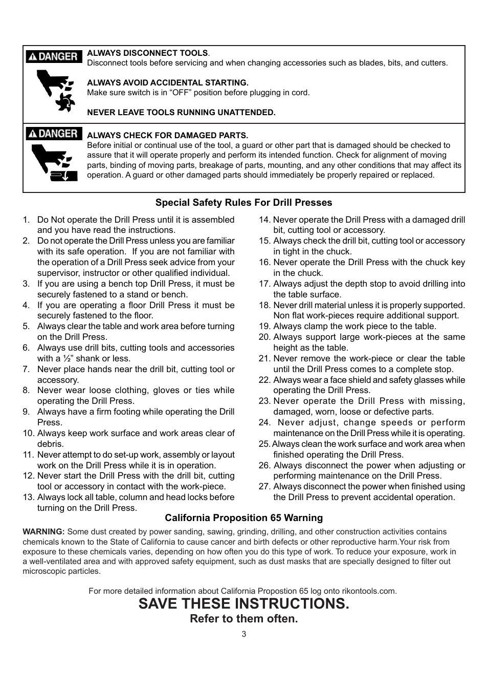 Save these instructions, Refer to them often | RIKON Power Tools 30-100 User Manual | Page 3 / 24