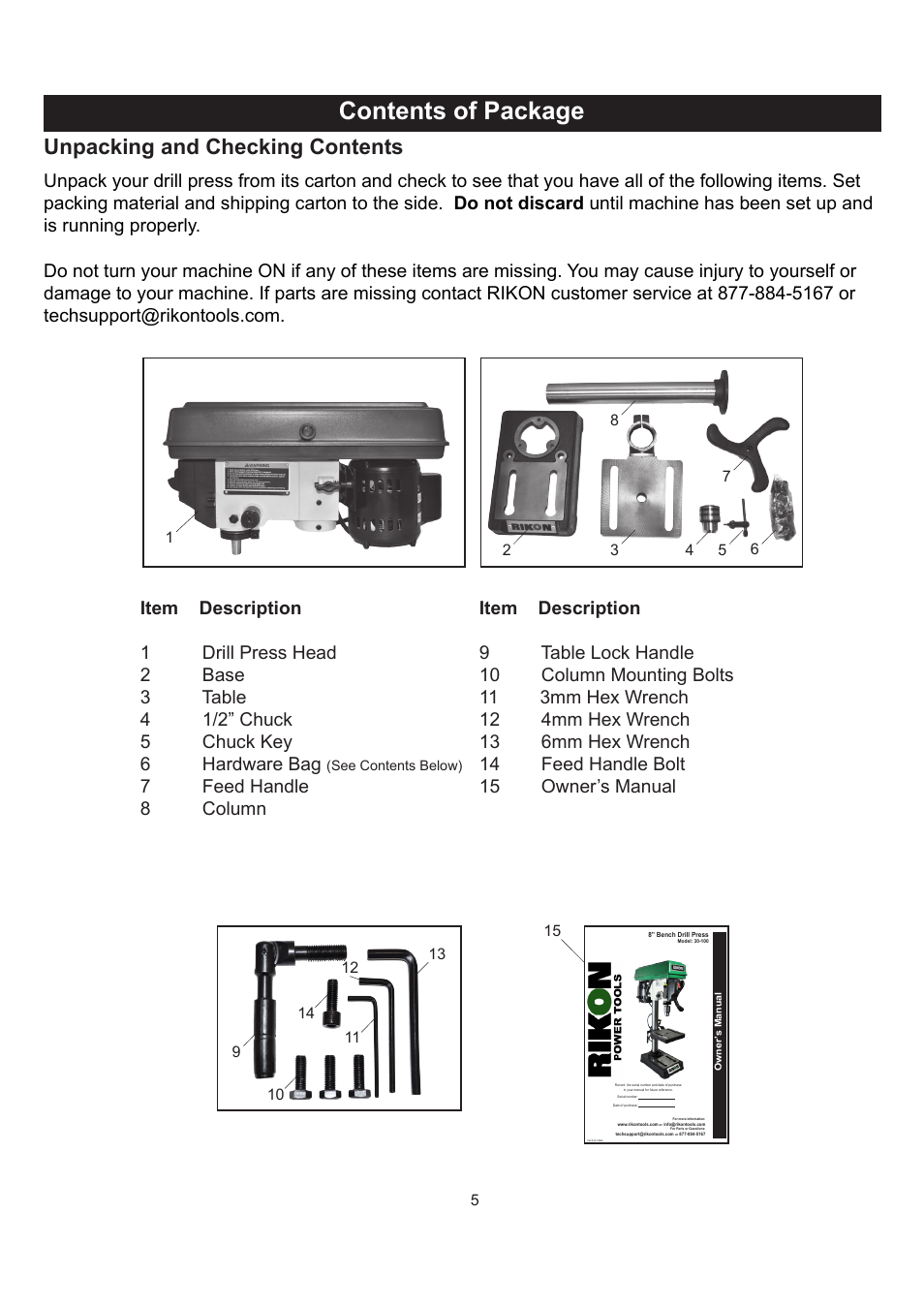 Contents of package, Unpacking and checking contents | RIKON Power Tools 30-100 User Manual | Page 5 / 24