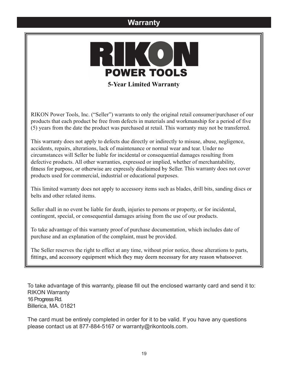 Warranty | RIKON Power Tools 30-120 User Manual | Page 19 / 20