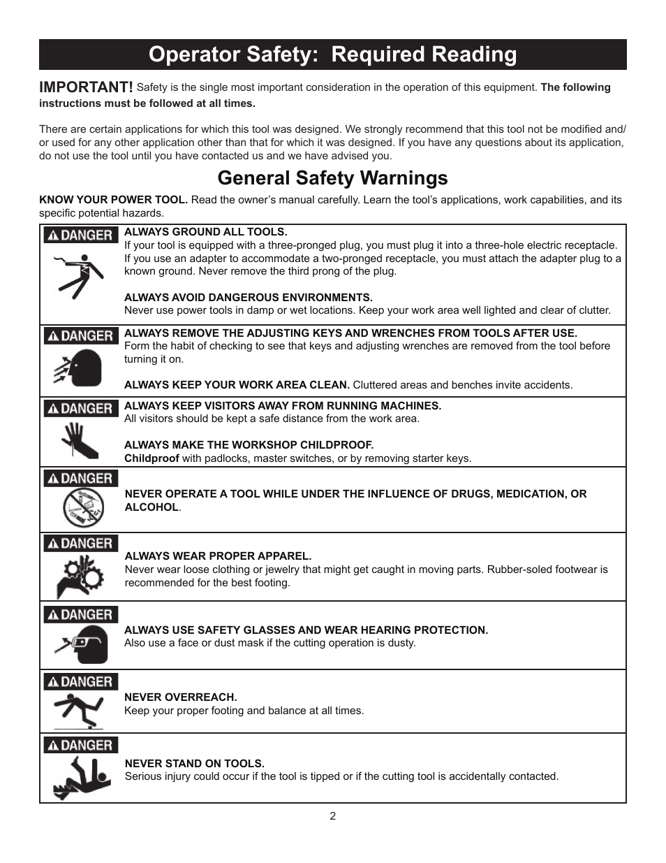 Operator safety: required reading, General safety warnings, Important | RIKON Power Tools 30-120 User Manual | Page 2 / 20