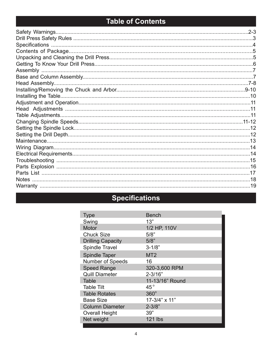 Table of contents specifications | RIKON Power Tools 30-120 User Manual | Page 4 / 20