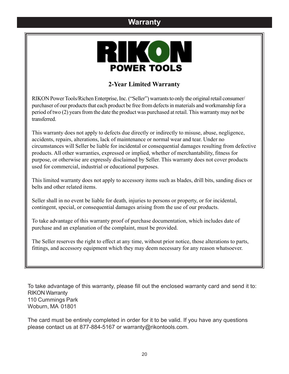 Warranty | RIKON Power Tools 30-140 User Manual | Page 20 / 21