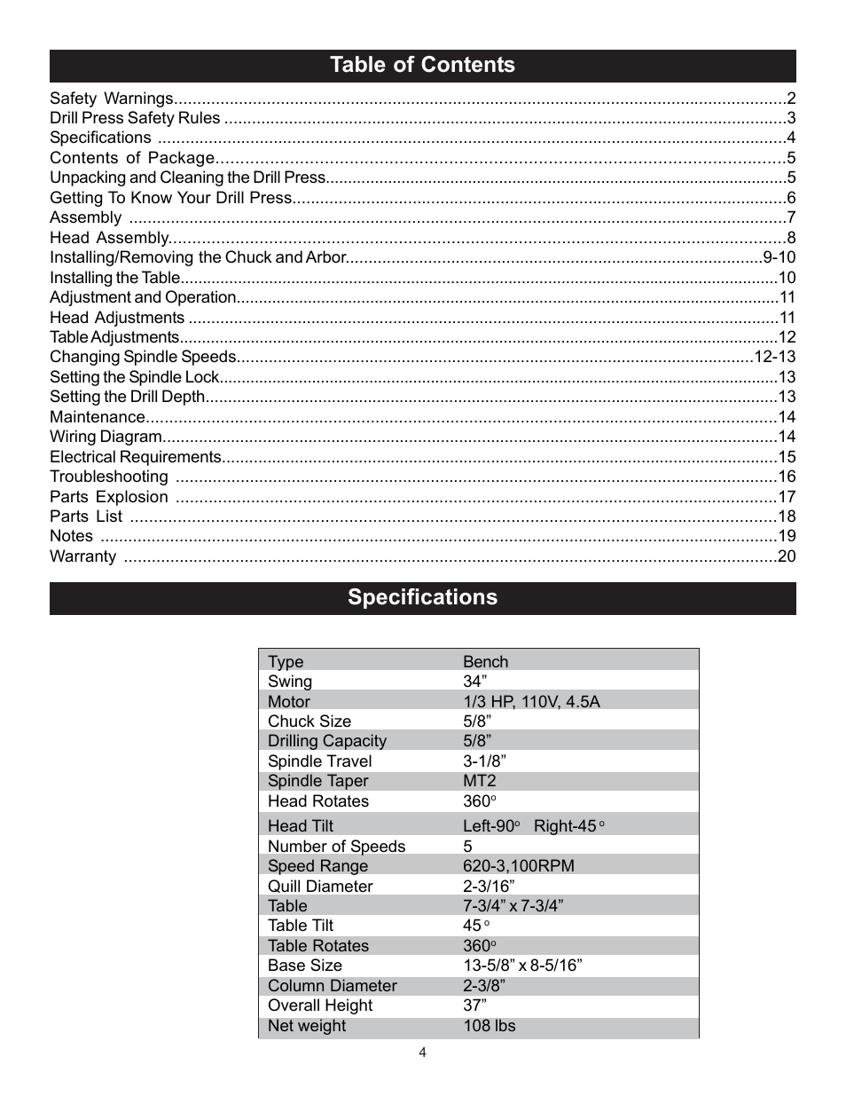 Table of contents specifications | RIKON Power Tools 30-140 User Manual | Page 4 / 21