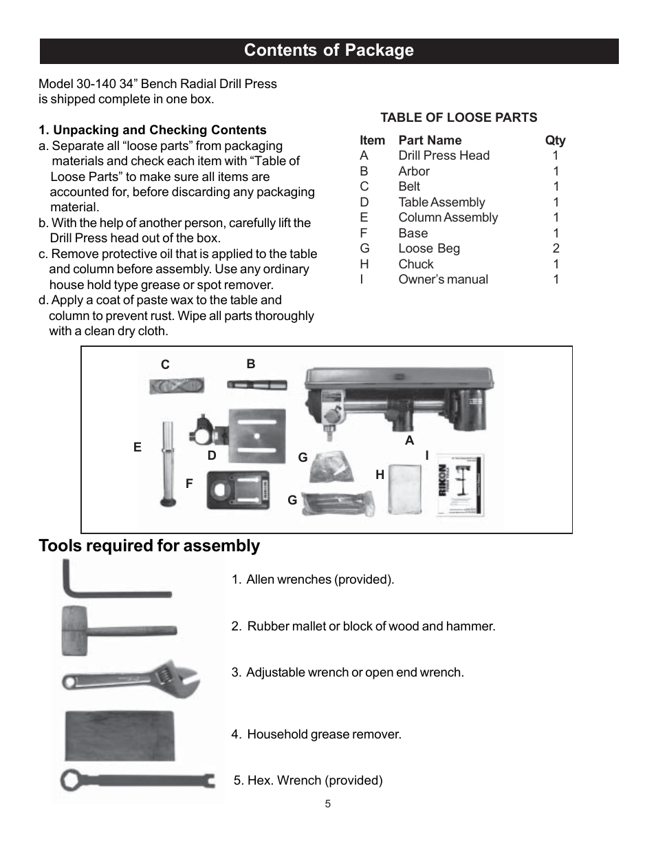 Contents of package, Tools required for assembly | RIKON Power Tools 30-140 User Manual | Page 5 / 21