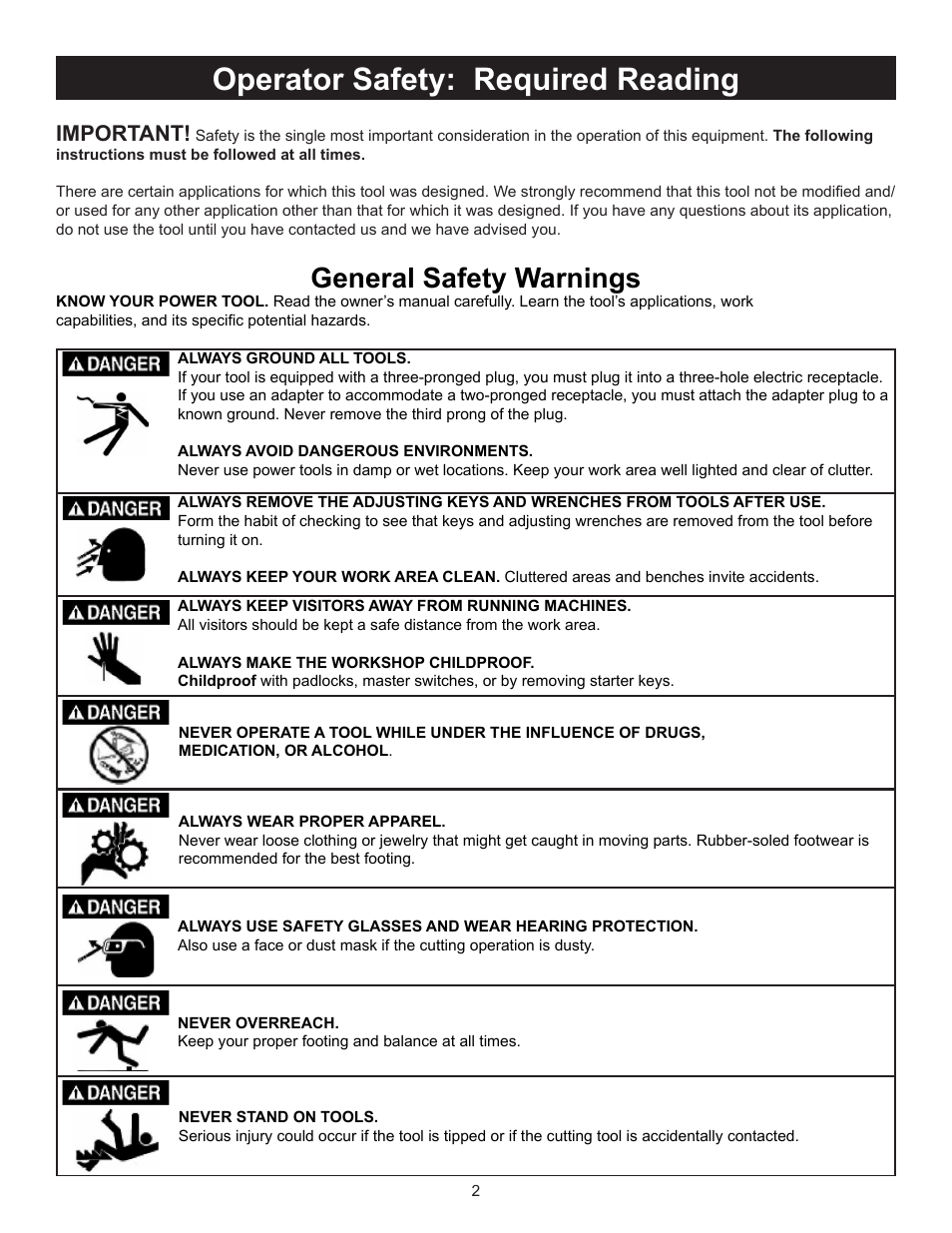 Operator safety: required reading, General safety warnings, Important | RIKON Power Tools 30-240 User Manual | Page 2 / 22