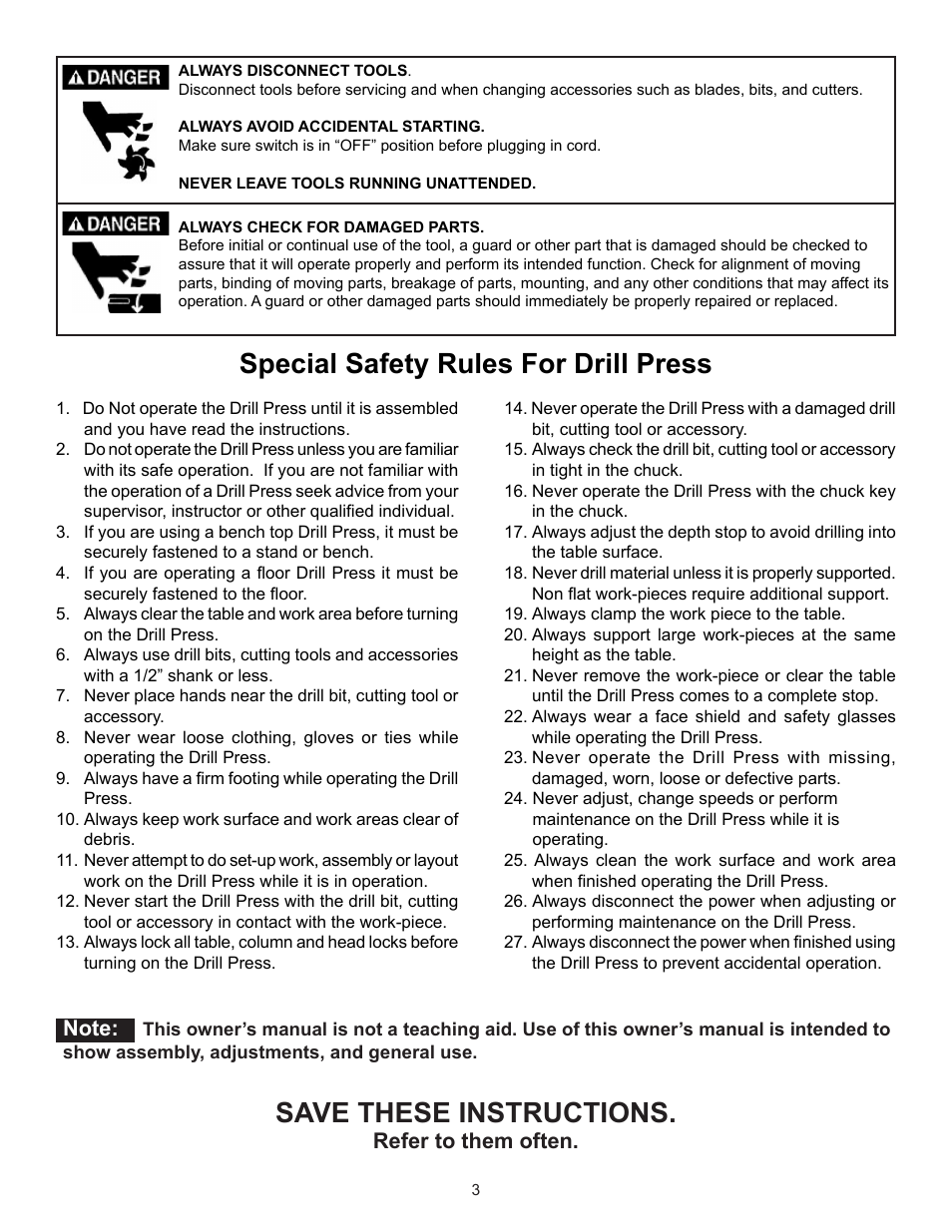 Refer to them often | RIKON Power Tools 30-240 User Manual | Page 3 / 22