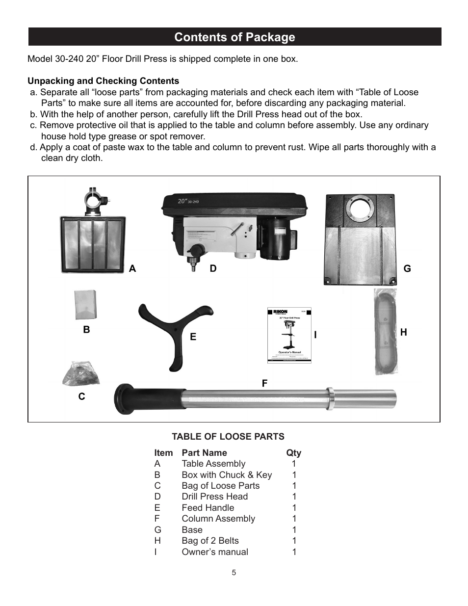 Contents of package | RIKON Power Tools 30-240 User Manual | Page 5 / 22