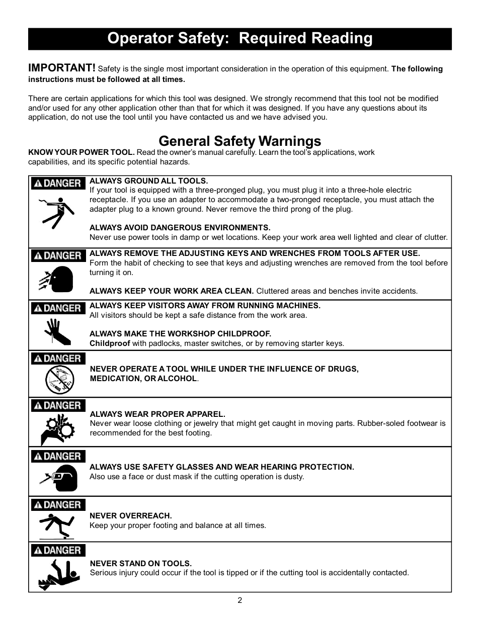 Operator safety: required reading, General safety warnings, Important | RIKON Power Tools 30-251 User Manual | Page 2 / 21