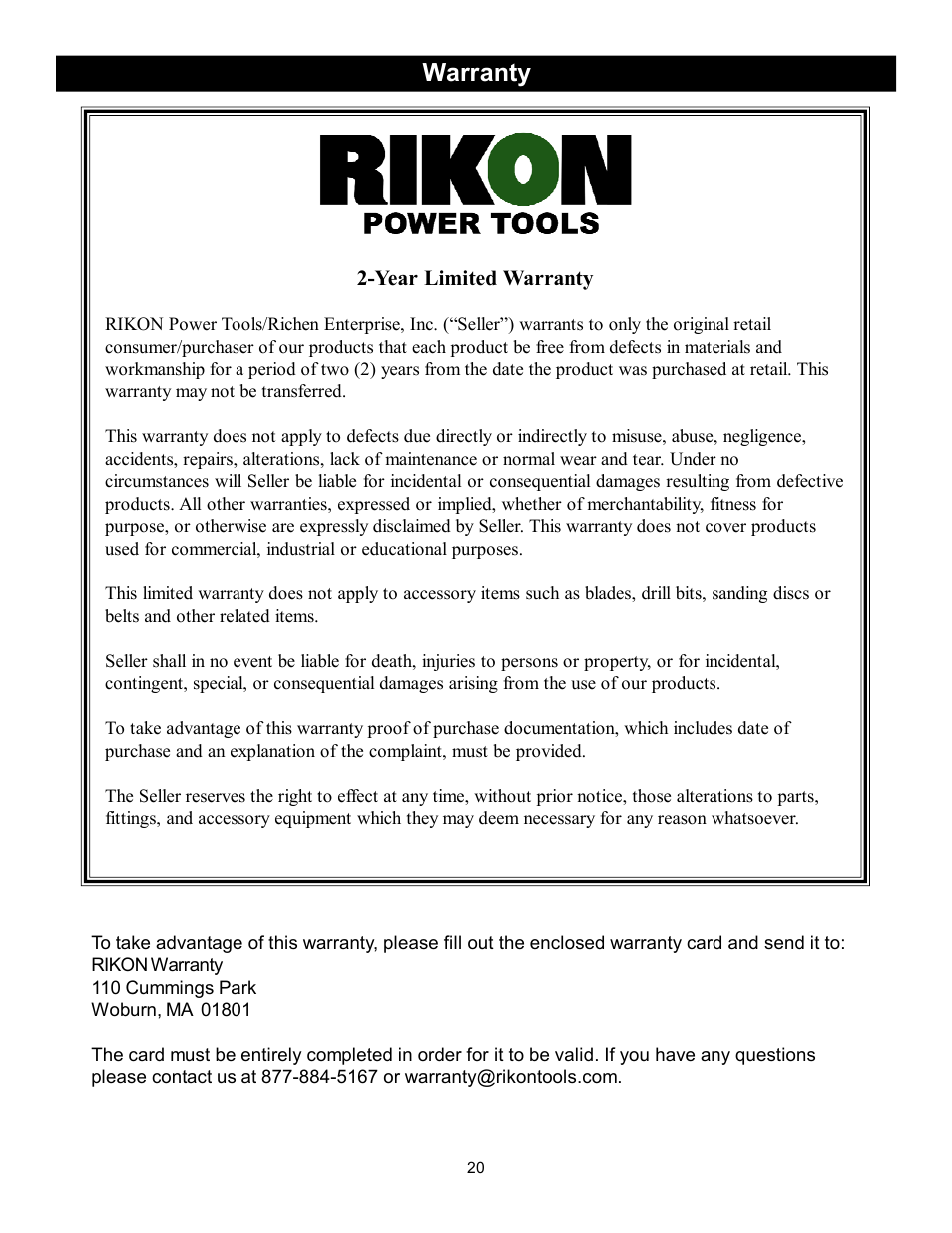 Warranty | RIKON Power Tools 30-251 User Manual | Page 20 / 21