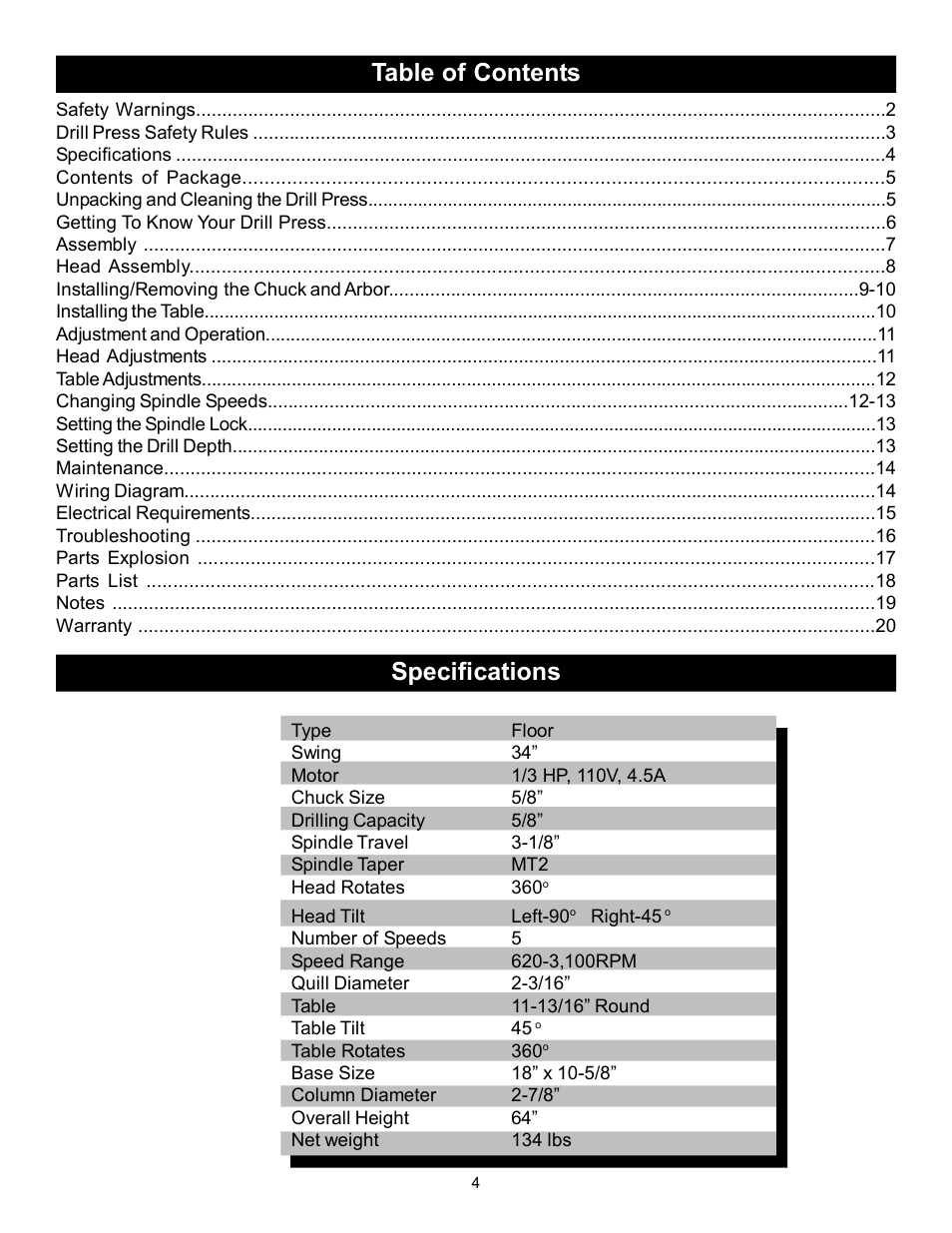 Table of contents specifications | RIKON Power Tools 30-251 User Manual | Page 4 / 21