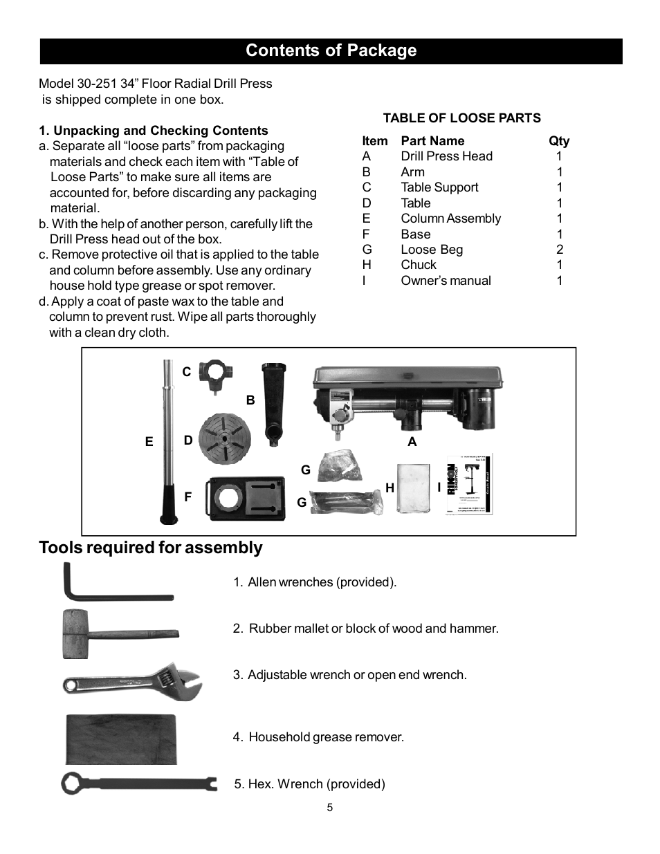 Contents of package, Tools required for assembly | RIKON Power Tools 30-251 User Manual | Page 5 / 21