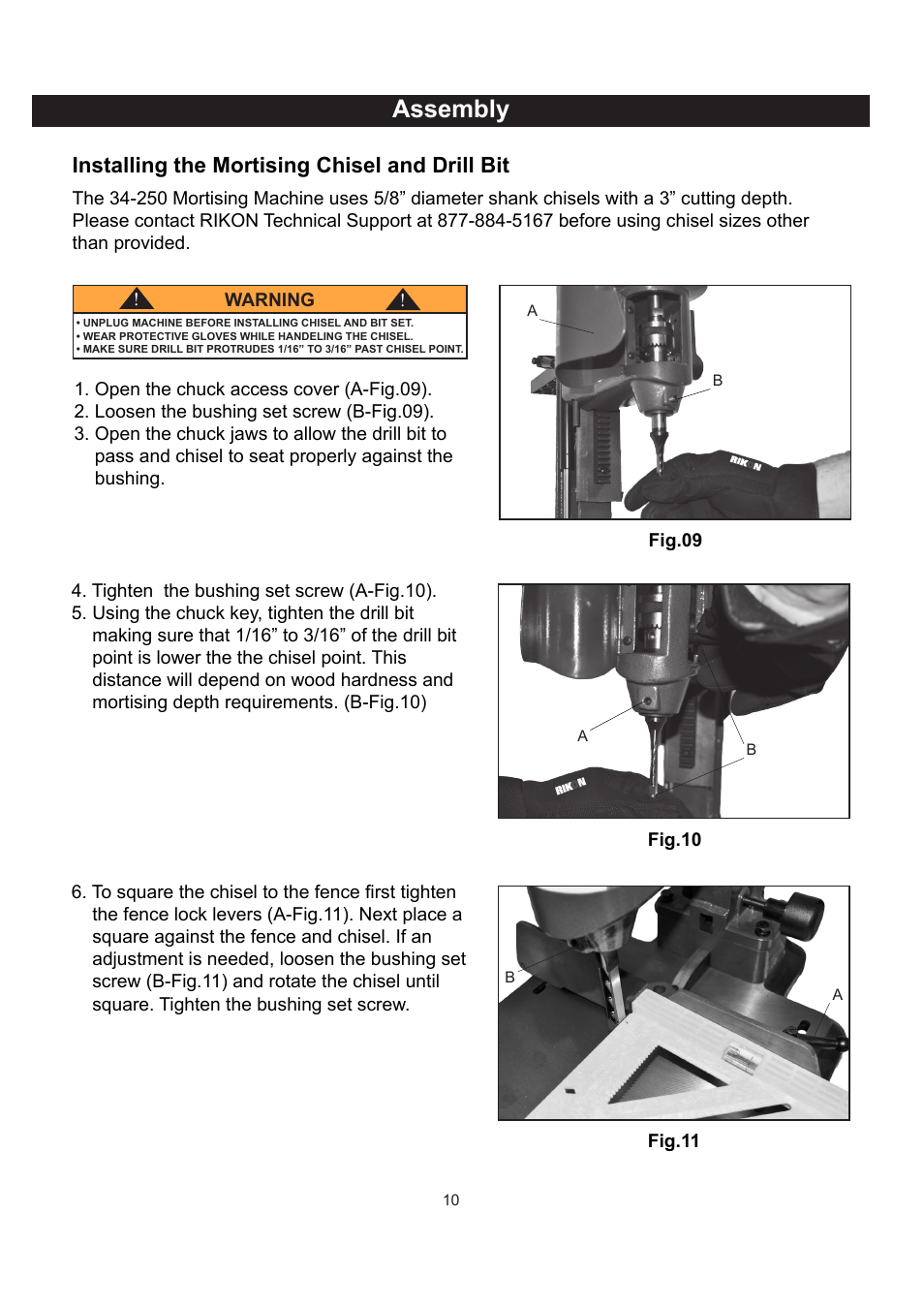 Assembly, Installing the mortising chisel and drill bit | RIKON Power Tools 34-250 User Manual | Page 10 / 18