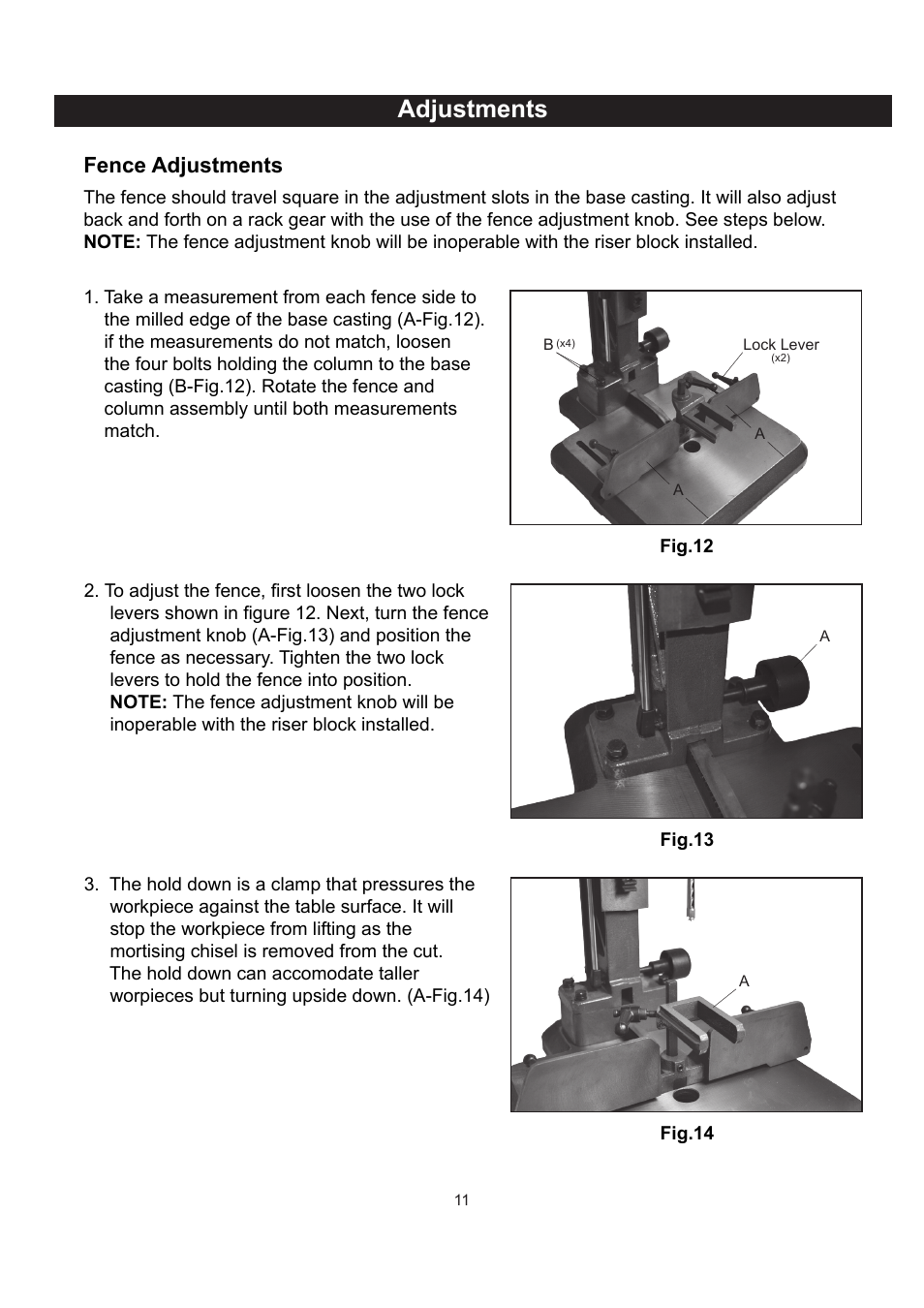 Adjustments, Fence adjustments | RIKON Power Tools 34-250 User Manual | Page 11 / 18