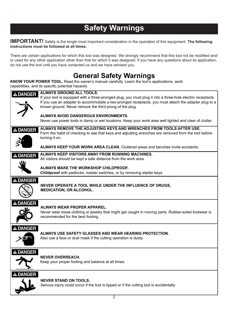 Safety warnings, General safety warnings, Important | RIKON Power Tools 34-250 User Manual | Page 2 / 18