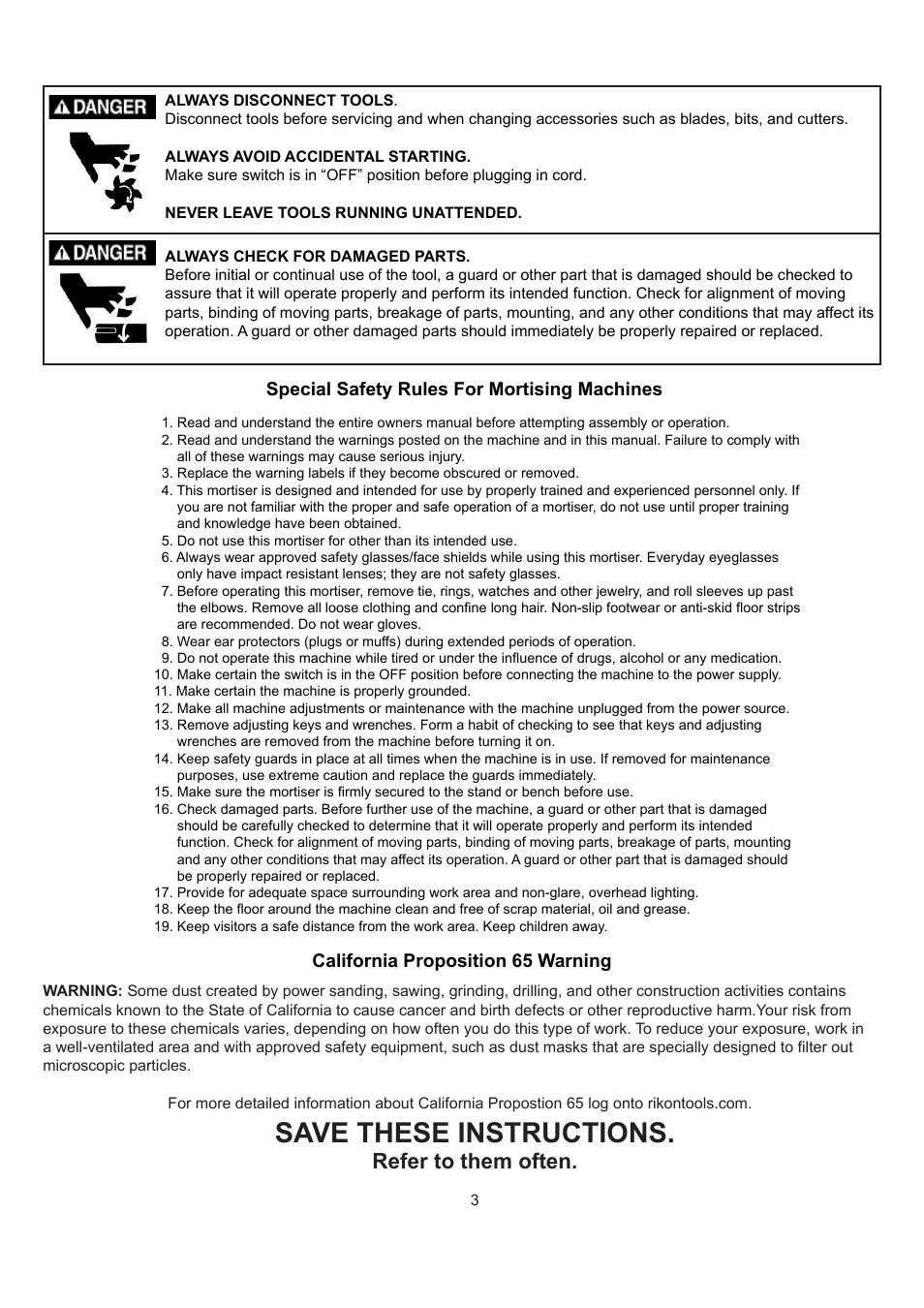 Save these instructions, Refer to them often, California proposition 65 warning | Special safety rules for mortising machines | RIKON Power Tools 34-250 User Manual | Page 3 / 18