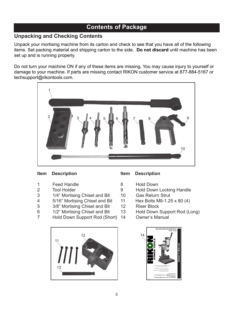 Contents of package, Unpacking and checking contents | RIKON Power Tools 34-250 User Manual | Page 5 / 18