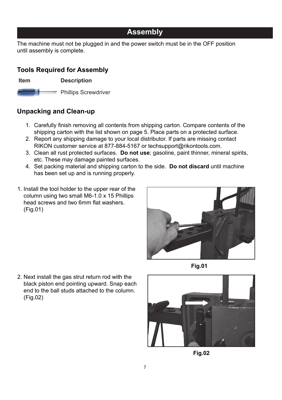 Assembly, Unpacking and clean-up, Tools required for assembly | RIKON Power Tools 34-250 User Manual | Page 7 / 18