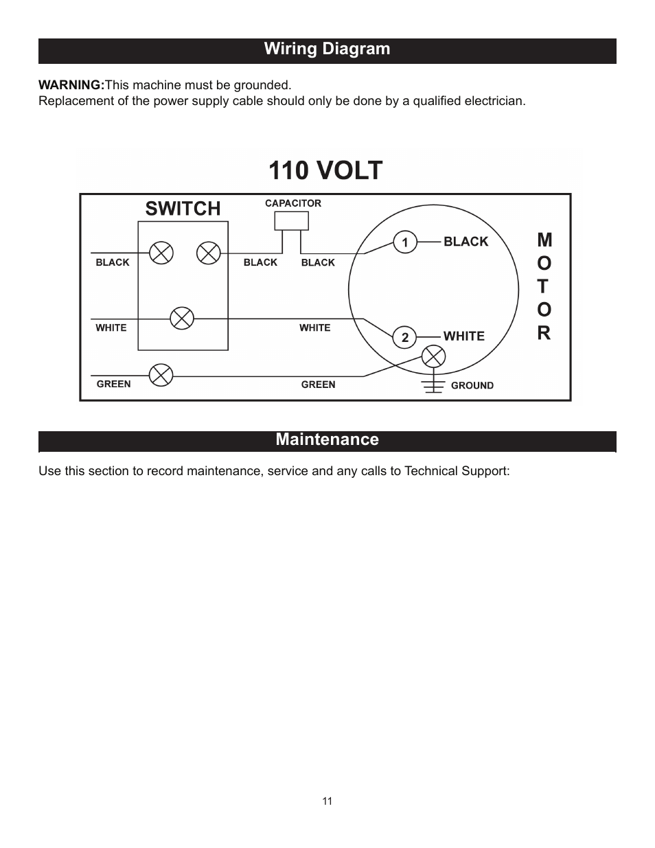 Wiring diagram, Maintenance | RIKON Power Tools 50-112 User Manual | Page 11 / 18