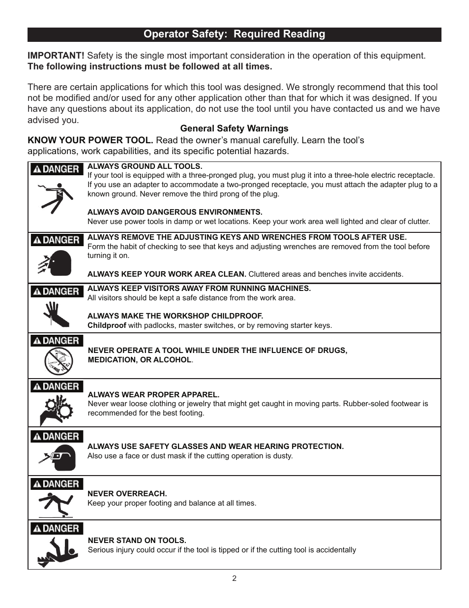 Operator safety: required reading | RIKON Power Tools 50-112 User Manual | Page 2 / 18