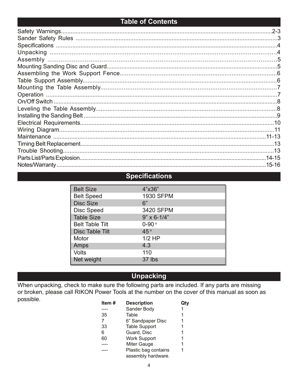 Table of contents specifications unpacking | RIKON Power Tools 50-112 User Manual | Page 4 / 18
