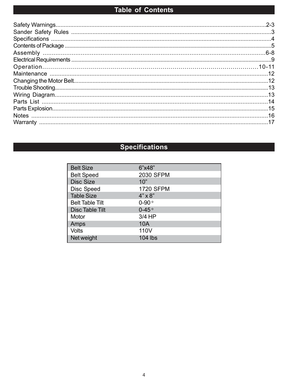 Table of contents specifications | RIKON Power Tools 50-120 User Manual | Page 4 / 18