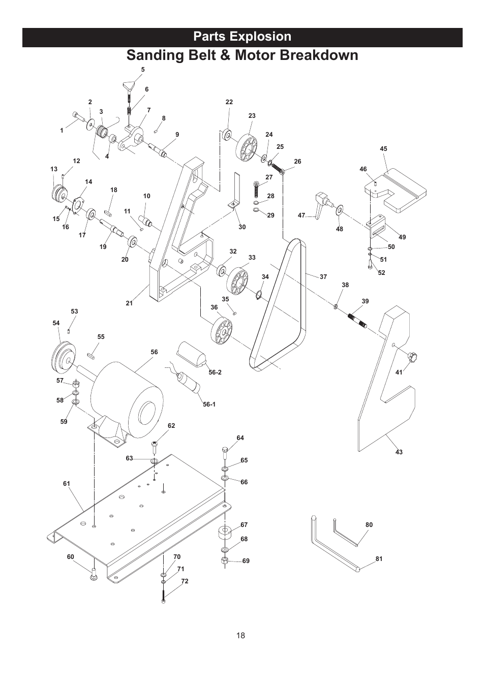 Sanding belt & motor breakdown, Parts explosion | RIKON Power Tools 50-142 User Manual | Page 18 / 24