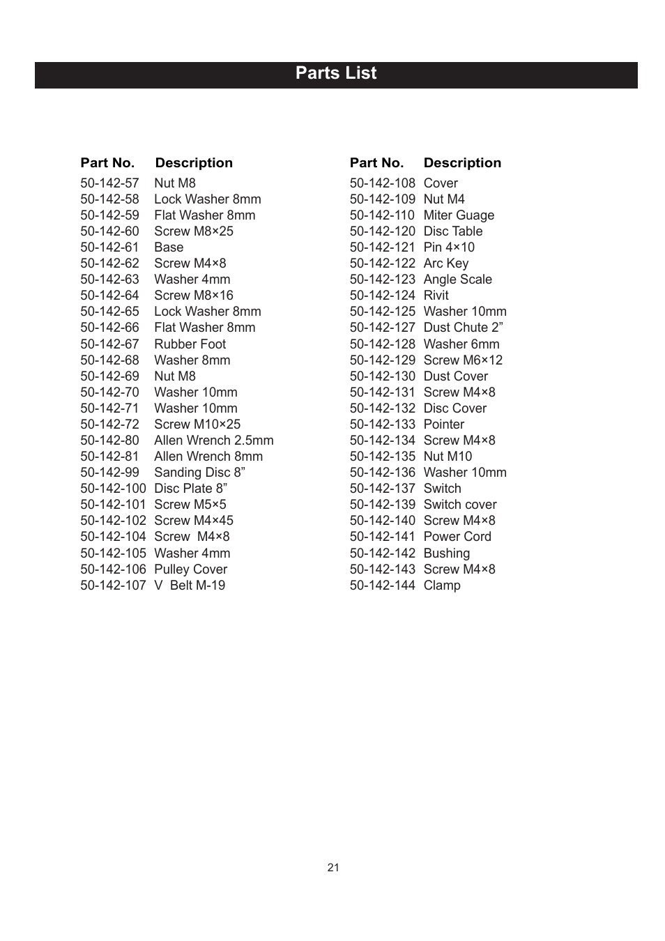 Parts list | RIKON Power Tools 50-142 User Manual | Page 21 / 24