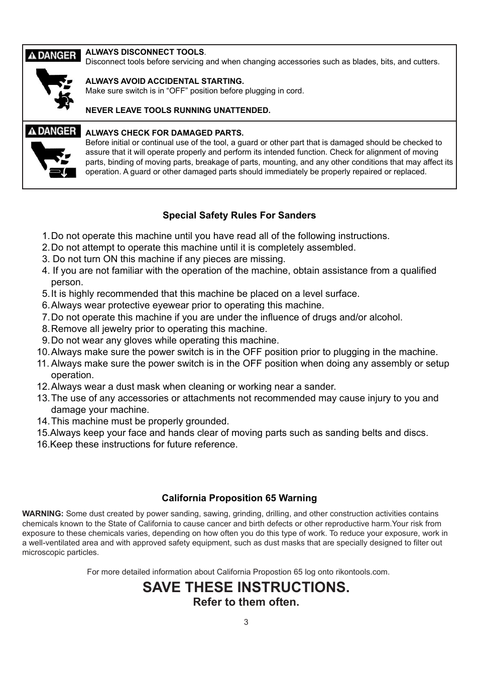 Save these instructions, Refer to them often | RIKON Power Tools 50-142 User Manual | Page 3 / 24