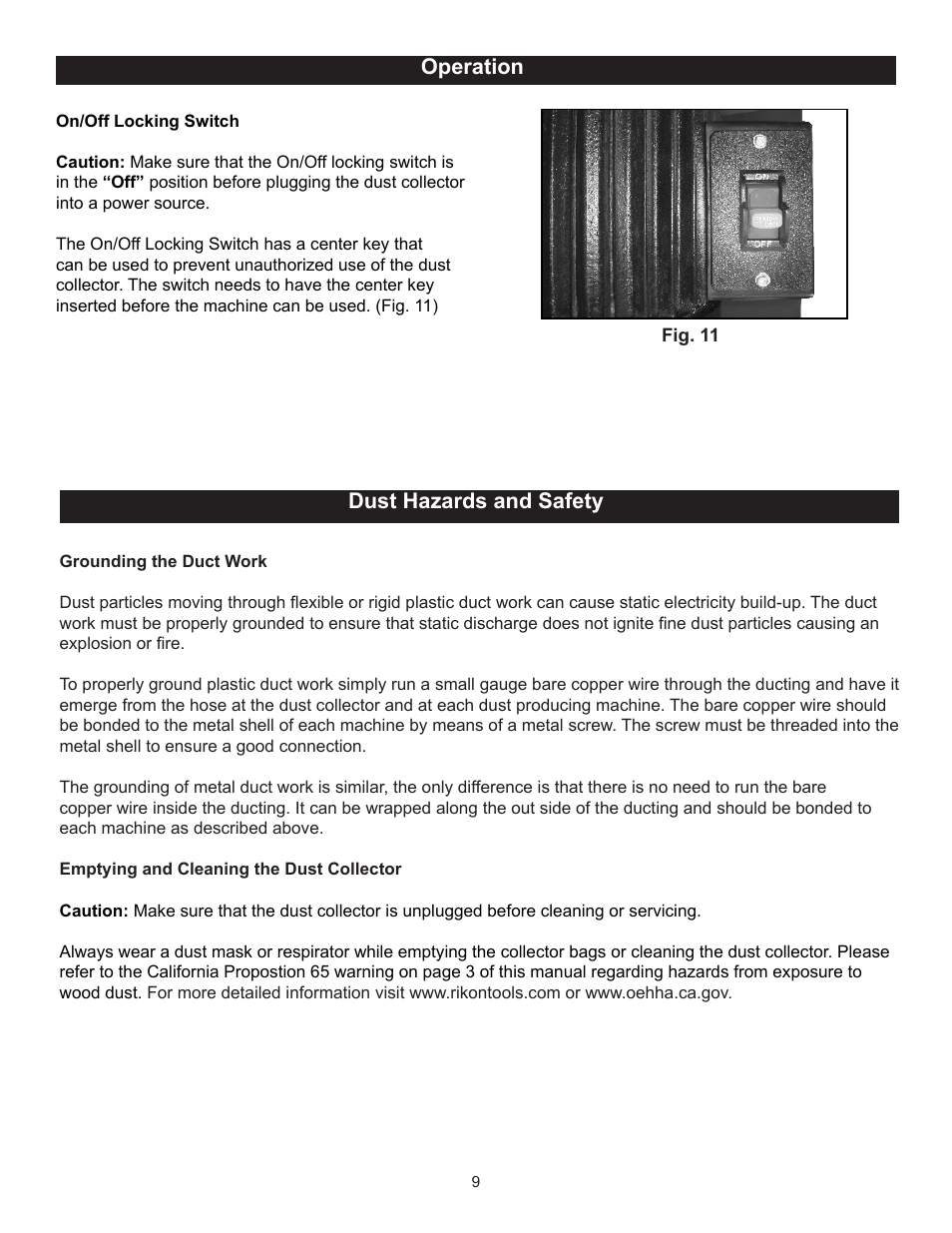 Operation dust hazards and safety | RIKON Power Tools 60-100 User Manual | Page 9 / 16