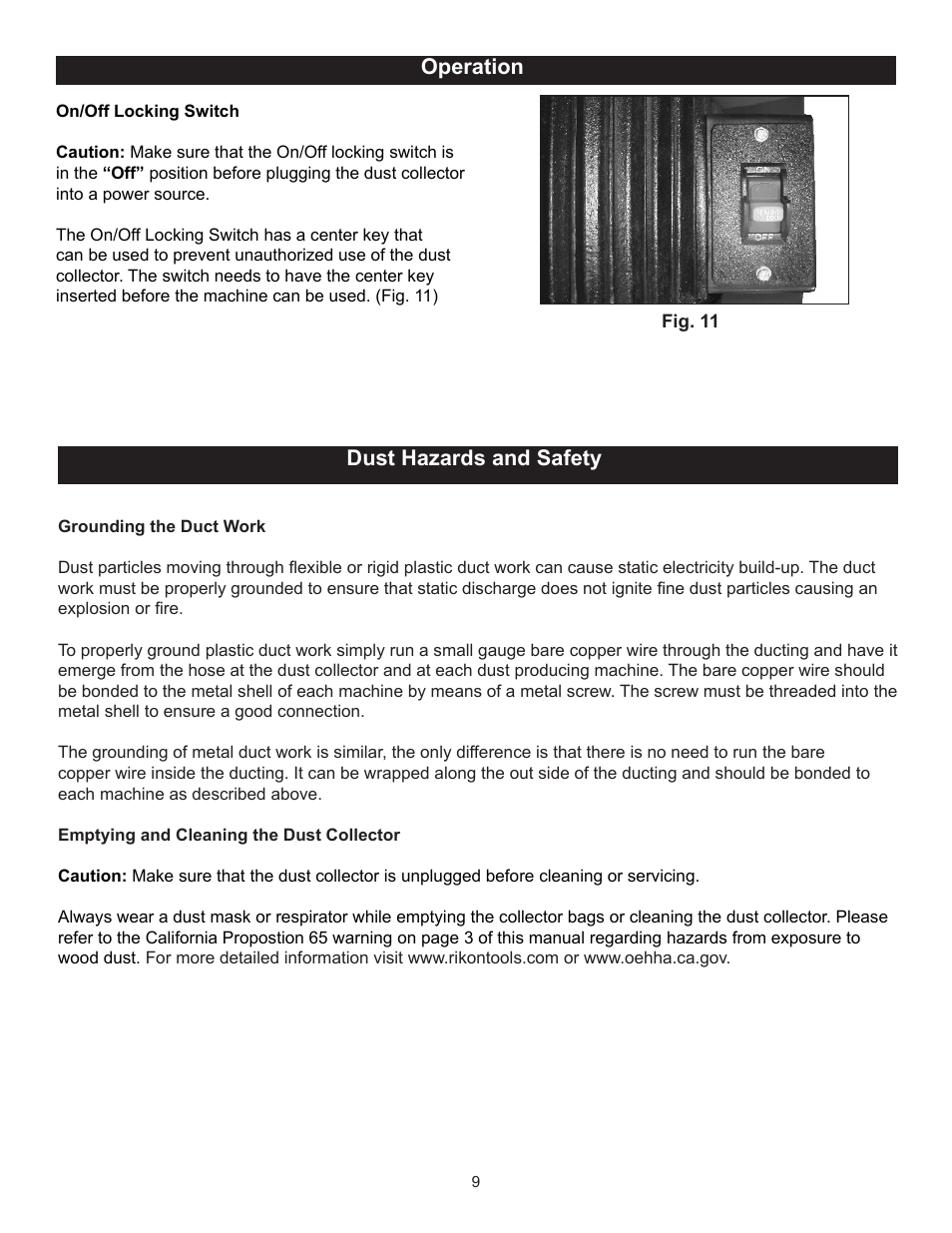 Operation, Dust hazards and safety | RIKON Power Tools 60-200 User Manual | Page 9 / 16