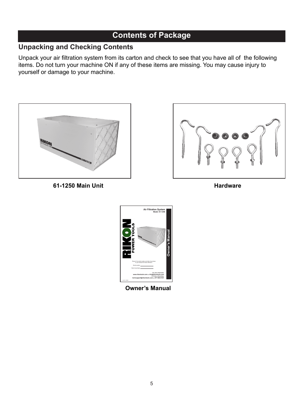 Contents of package, Unpacking and checking contents, 1250 main unit hardware owner’s manual | RIKON Power Tools 61-1250 User Manual | Page 5 / 18