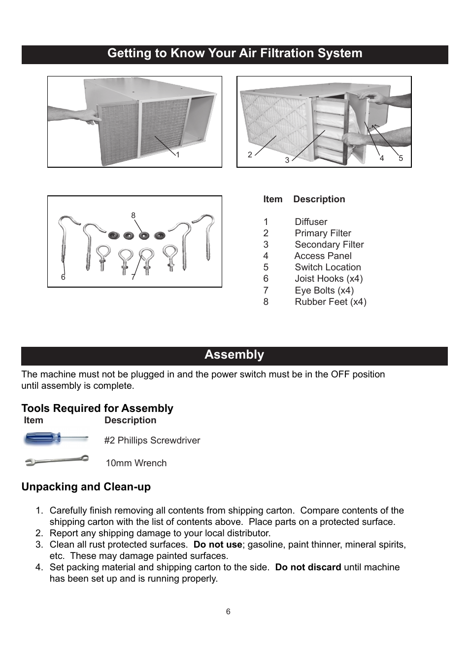 Unpacking and clean-up, Tools required for assembly | RIKON Power Tools 61-1250 User Manual | Page 6 / 18